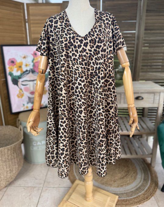 Robe trapèze ample Léopard Camel Chocolat noir du 40 au 52/54 