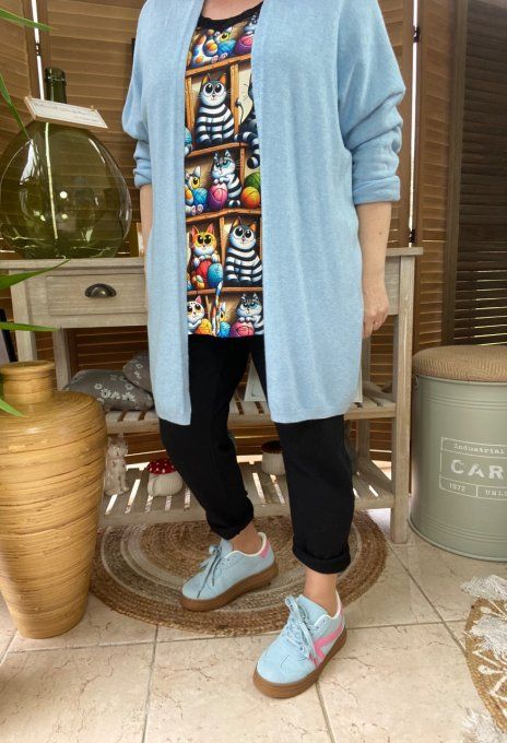 Gilet long sans laine ample bleu ciel étoile pailletée douceur ++++ du 38 au 50/52 