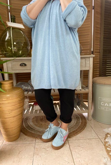 Gilet long sans laine ample bleu ciel étoile pailletée douceur ++++ du 38 au 50/52 
