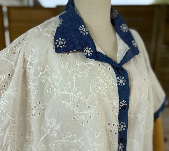 Chemise blanche ample broderie anglaise & jeans brodé du 40 au 52