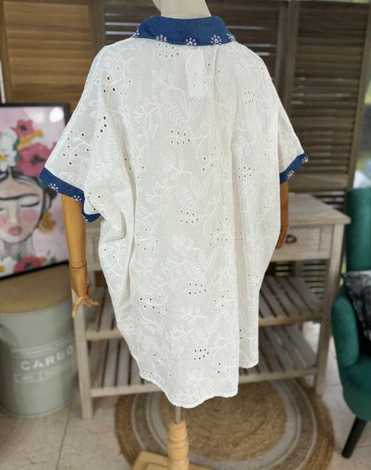 Chemise blanche ample broderie anglaise & jeans brodé du 40 au 52