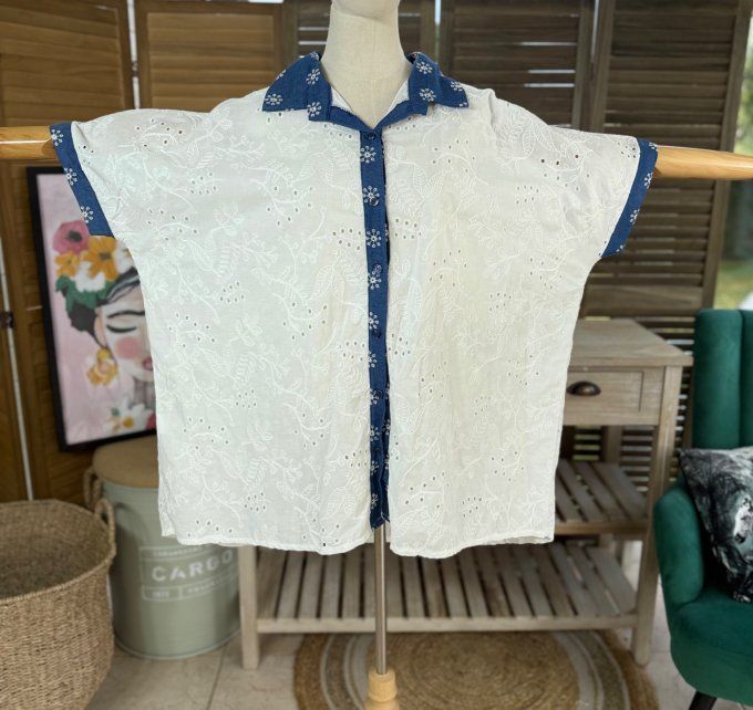 Chemise blanche ample broderie anglaise & jeans brodé du 40 au 52
