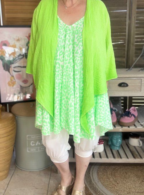 Top trapèze fines bretelles oversize asymétrique animal vert fluo du 40 au 50/52 