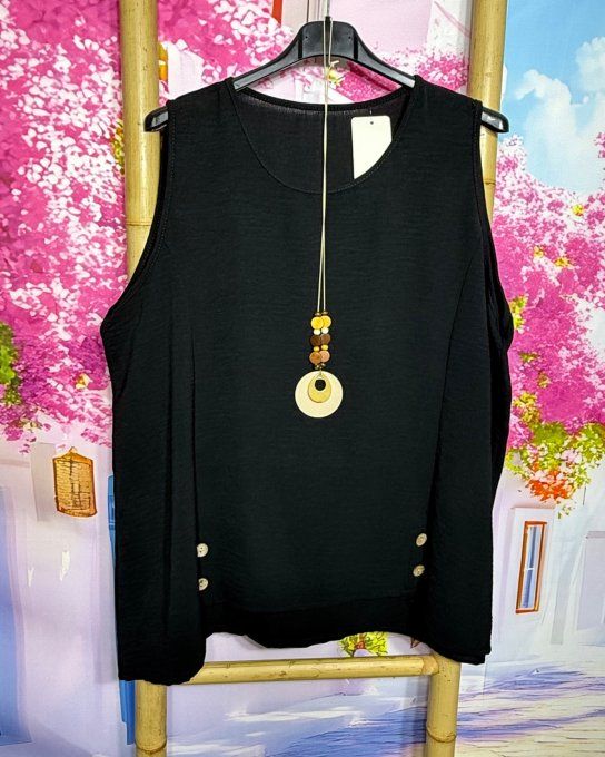 Blouse sans manches asymétrique noire boutons bois + collier offert du 38 au 48