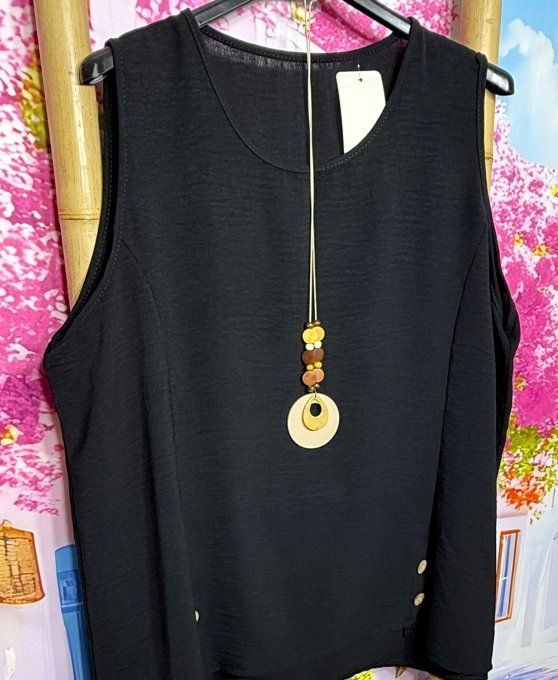 Blouse sans manches asymétrique noire boutons bois + collier offert du 38 au 48