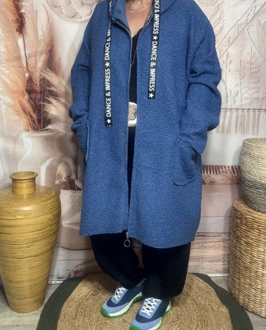 Manteau à capuche mi-long ample bouclette Bleu jeans du 42 au 52/54 et même + 