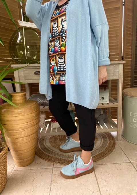 Gilet long sans laine ample bleu ciel étoile pailletée douceur ++++ du 38 au 50/52 