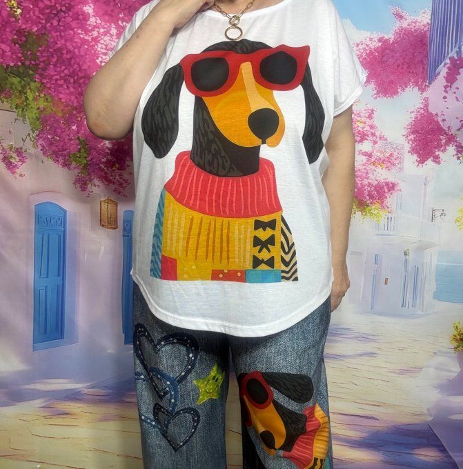 Tee-shirt ample blanc Adorable chien Teckel multicolore du 38 au 50/52 