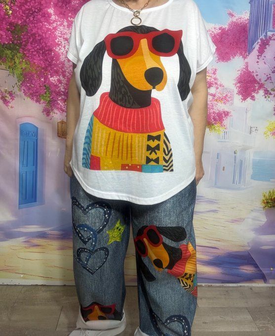 Tee-shirt ample blanc Adorable chien Teckel multicolore du 38 au 50/52 