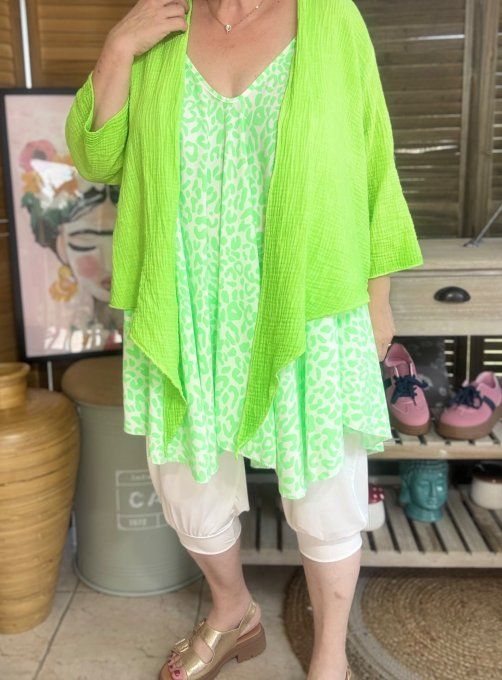 Top trapèze fines bretelles oversize asymétrique animal vert fluo du 40 au 50/52 