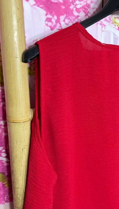 Blouse sans manches asymétrique rouge boutons bois + collier offert du 38 au 48 