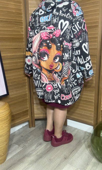 Manteau à capuche suédine noire Betty Boop Street Art Girl du 40 au 52 et même + 
