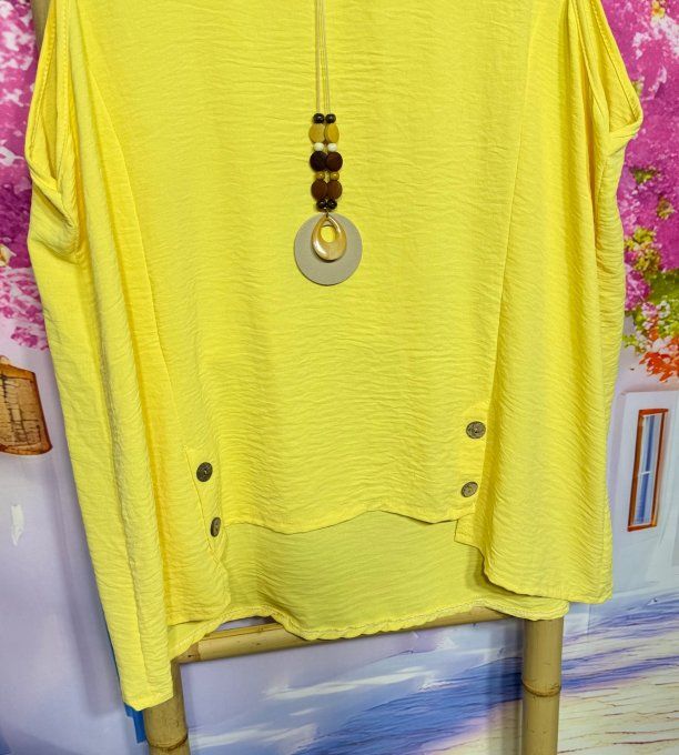 Blouse sans manches asymétrique jaune boutons bois + collier offert du 38 au 48
