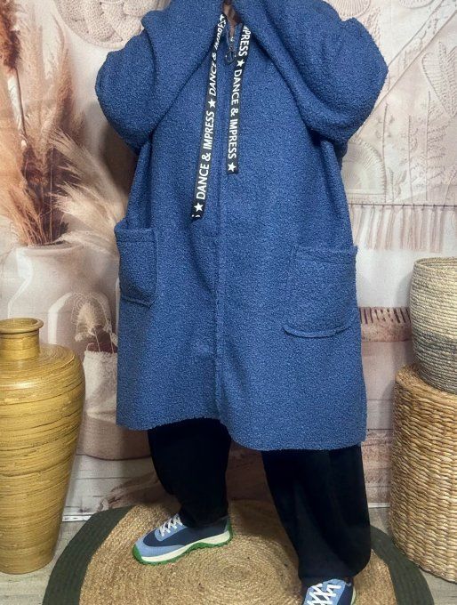 Manteau à capuche mi-long ample bouclette Bleu jeans du 42 au 52/54 et même + 