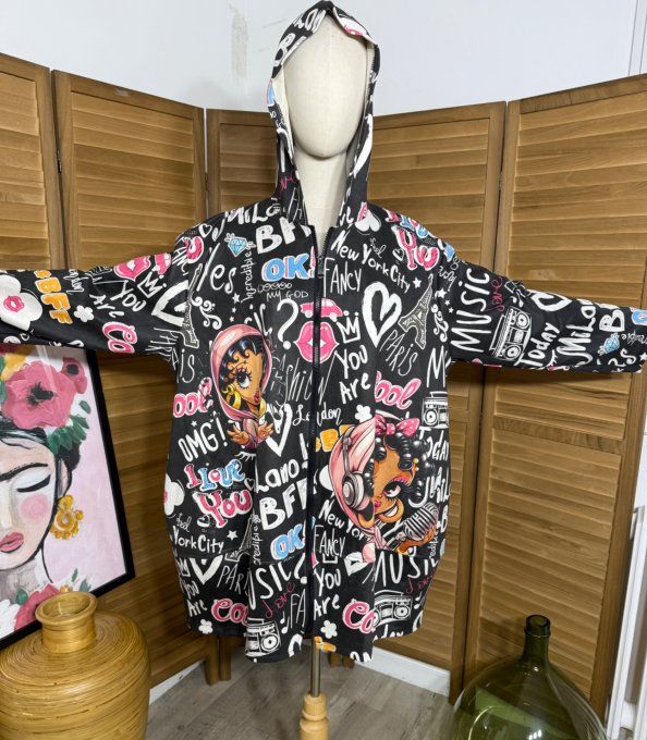 Manteau à capuche suédine noire Betty Boop Street Art Girl du 40 au 52 et même + 
