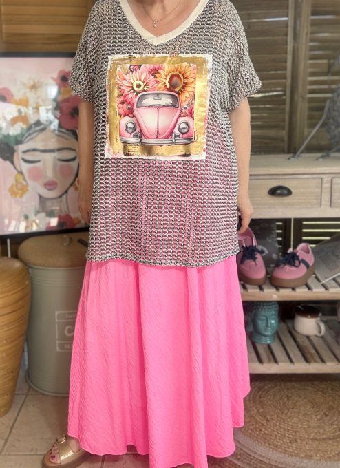 Jupe longue ample rose fluo confort +++ du 40 au 50/52 