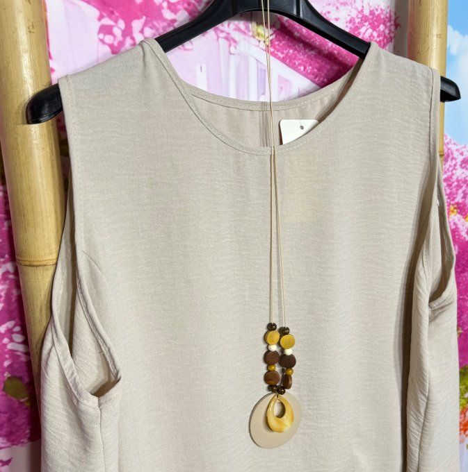 Blouse sans manches asymétrique beige boutons bois + collier offert du 38 au 48  