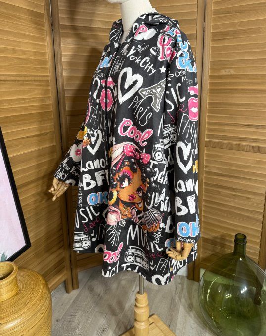 Manteau à capuche suédine noire Betty Boop Street Art Girl du 40 au 52 et même + 