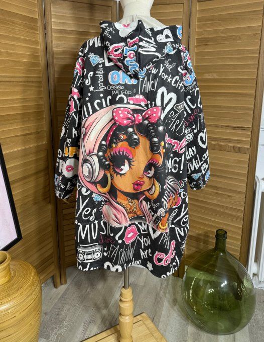 Manteau à capuche suédine noire Betty Boop Street Art Girl du 40 au 52 et même + 