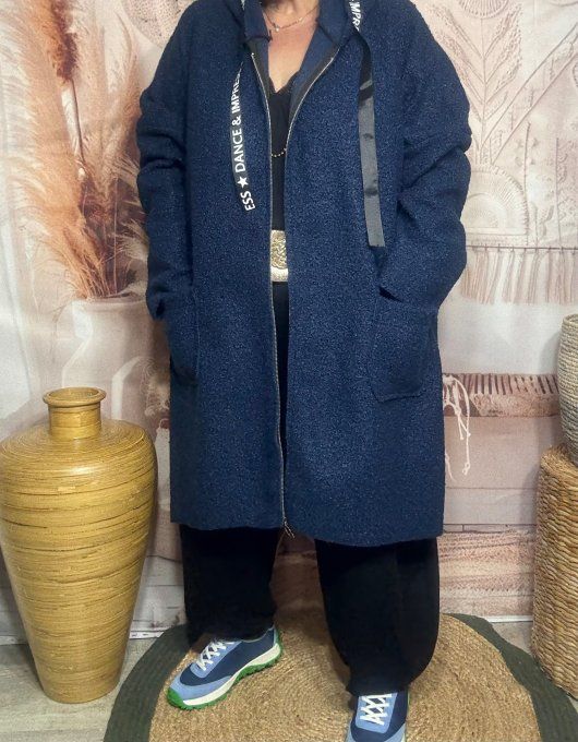 Manteau à capuche mi-long ample bouclette Marine du 42 au 52/54 et même + 