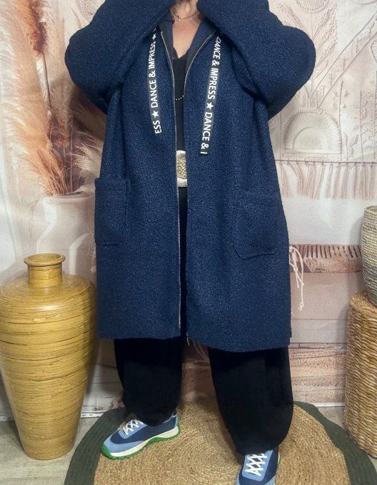Manteau à capuche mi-long ample bouclette Marine du 42 au 52/54 et même + 