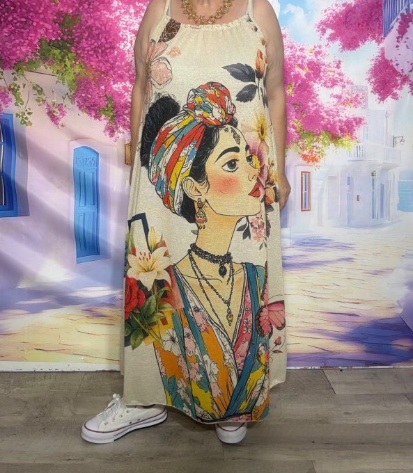 Robe trapèze longue bretelles Lurex pailleté Frida Kahlo Art Déco Spirit du 36 au 48