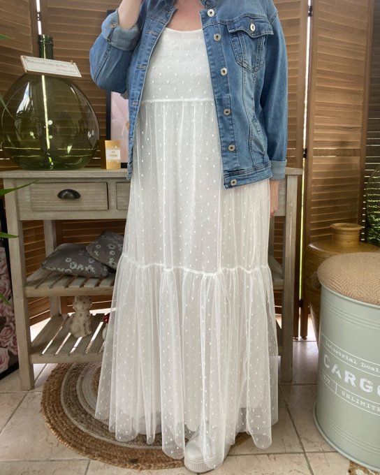 Fond de robe long tulle blanc et plumetis  bretelles réglables du 38 au 46/48