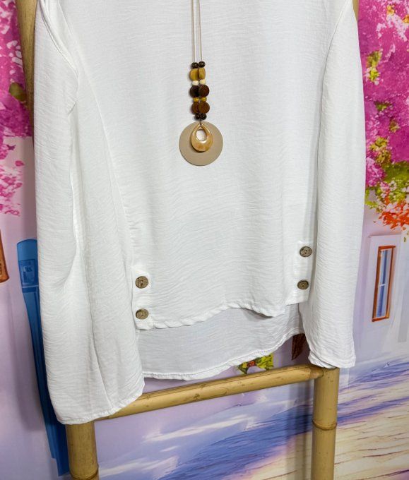 Blouse sans manches asymétrique blanche boutons bois + collier offert du 38 au 48
