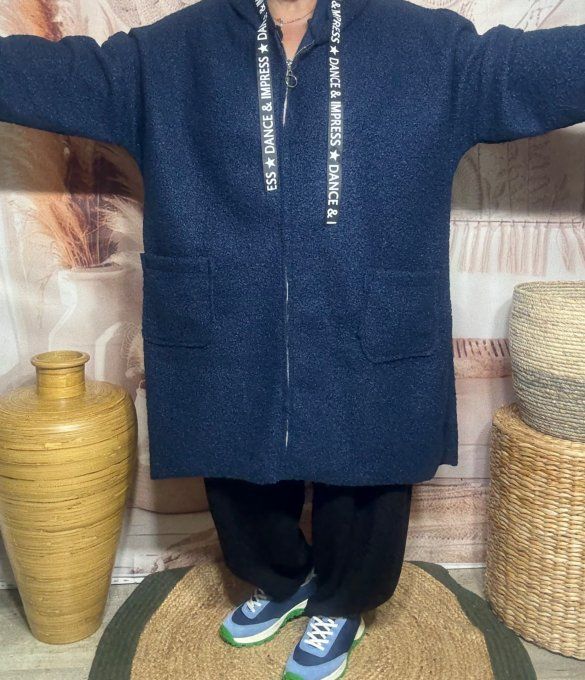 Manteau à capuche mi-long ample bouclette Marine du 42 au 52/54 et même + 