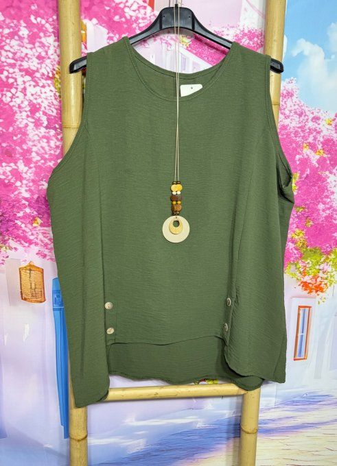 Blouse sans manches asymétrique Kaki boutons bois + collier offert du 38 au 48 