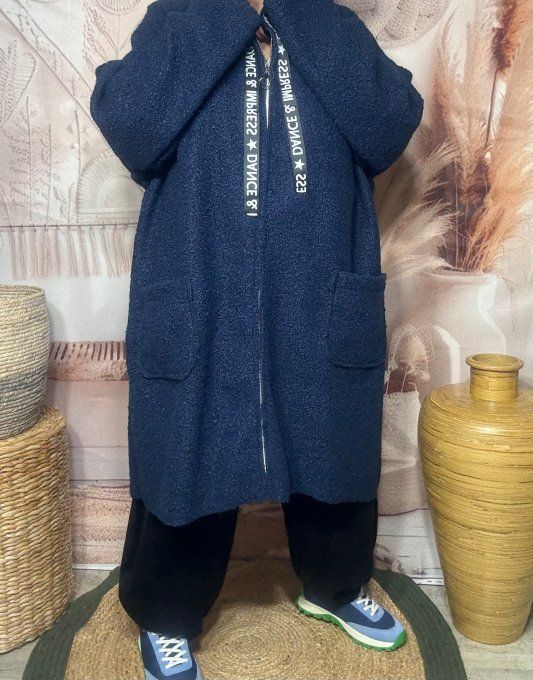 Manteau à capuche mi-long ample bouclette Marine du 42 au 52/54 et même + 