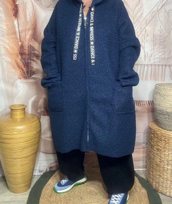 Manteau à capuche mi-long ample bouclette Marine du 42 au 52/54 et même + 