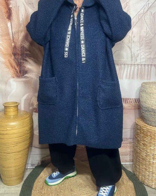 Manteau à capuche mi-long ample bouclette Marine du 42 au 52/54 et même + 