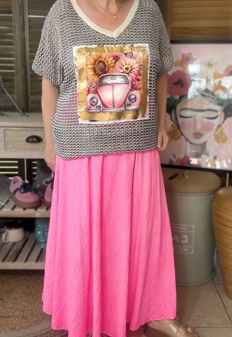Jupe longue ample rose fluo confort +++ du 40 au 50/52 