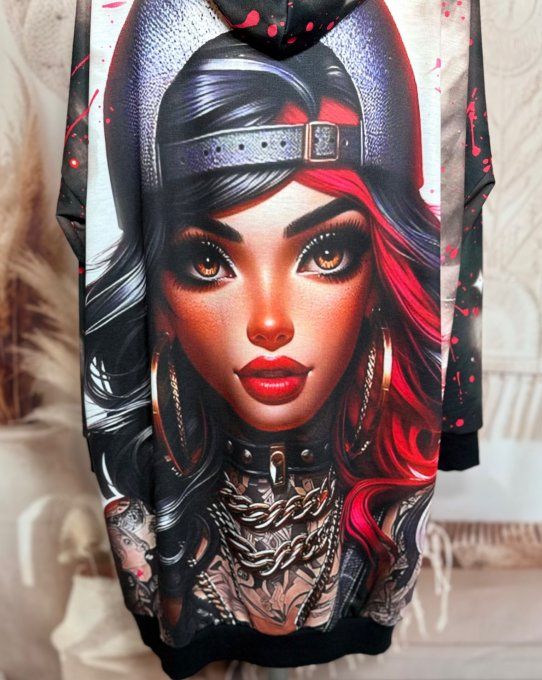 Sweat à capuche long ou robe sweat Pretty Red Hair Girl Rock du 40 au 52  