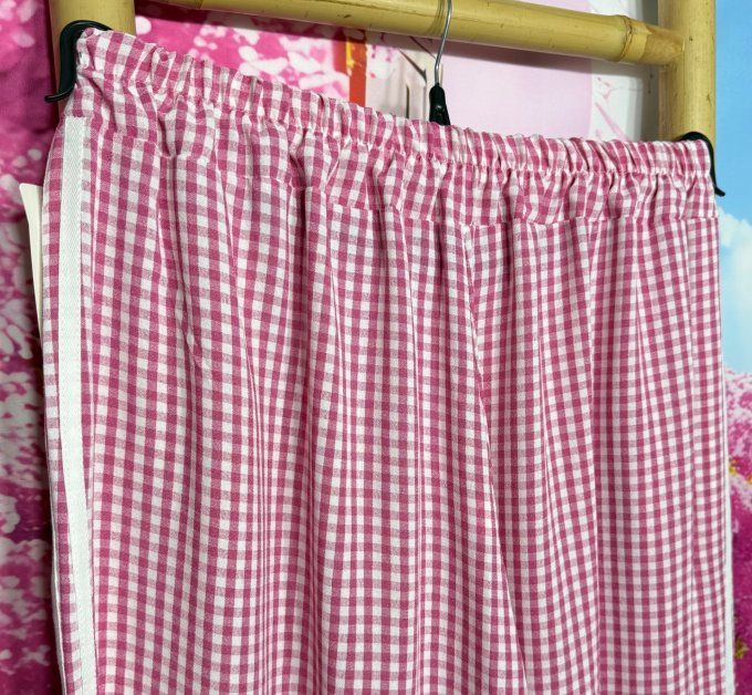 Pantalon Palazzo cuisses larges Vichy rose Fuschia et blanc taille élastiquée du 40 au 52