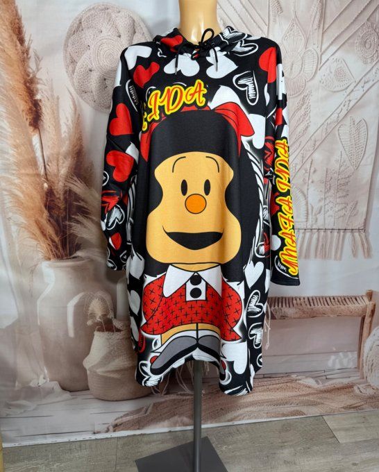 Robe-sweat trapèze à capuche multicolore Mafalda Love Hearts du 40 au 50/52  