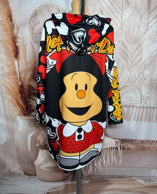 Robe-sweat trapèze à capuche multicolore Mafalda Love Hearts du 40 au 50/52  