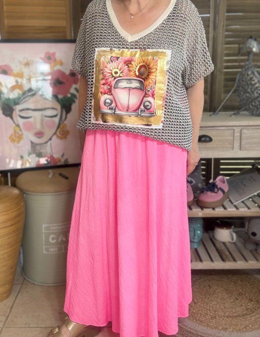 Jupe longue ample rose fluo confort +++ du 40 au 50/52 