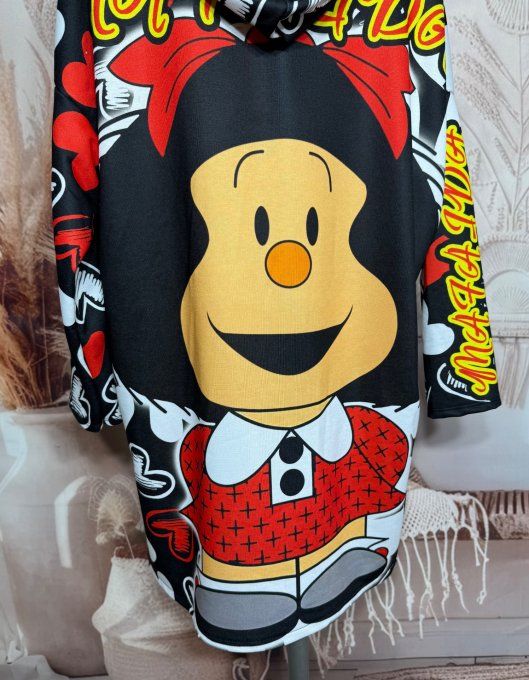 Robe-sweat trapèze à capuche multicolore Mafalda Love Hearts du 40 au 50/52  