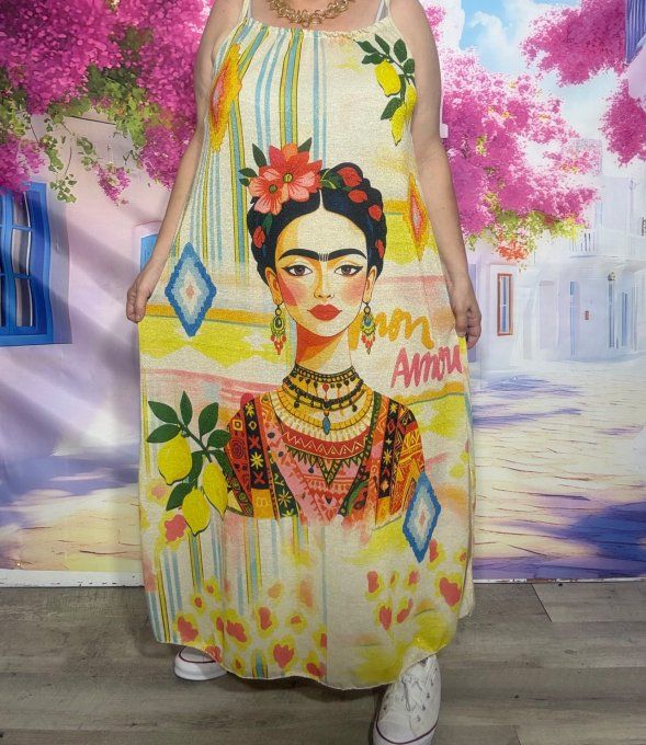 Robe trapèze longue bretelles Lurex pailleté Frida Kahlo Dolce Vita Citrons du 36 au 48 