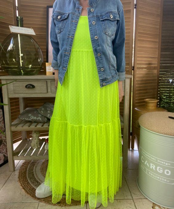 Fond de robe long tulle jaune vif et plumetis  bretelles réglables du 38 au 46/48  