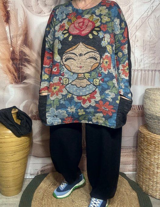Tunique ample noire chinée grisée Frida Kahlo + tour de cou "Snood" assorti du 40 au 52 