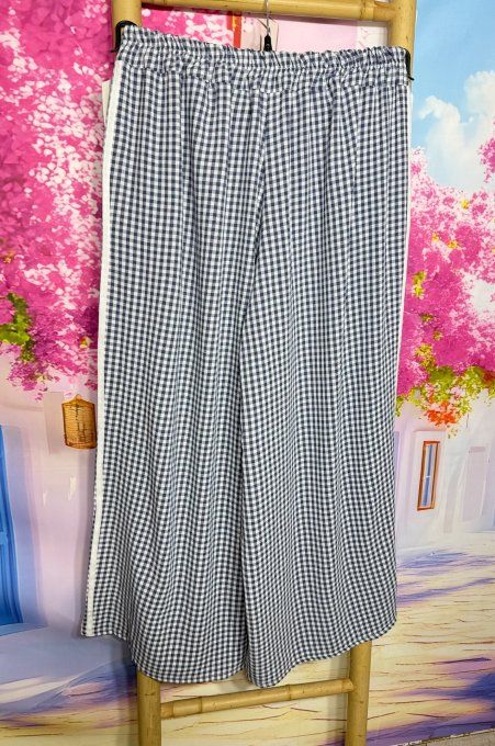 Pantalon Palazzo cuisses larges Vichy Bleu marine et blanc taille élastiquée du 40 au 52