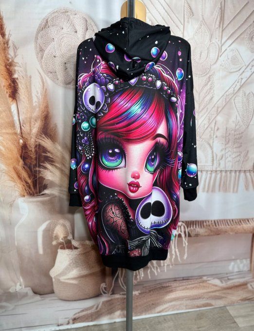 Sweat à capuche long ou robe sweat La Fillette Arc-en-ciel & Skeleton du 40 au 52  