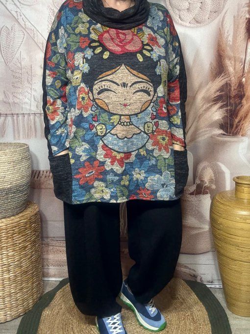 Tunique ample noire chinée grisée Frida Kahlo + tour de cou "Snood" assorti du 40 au 52 