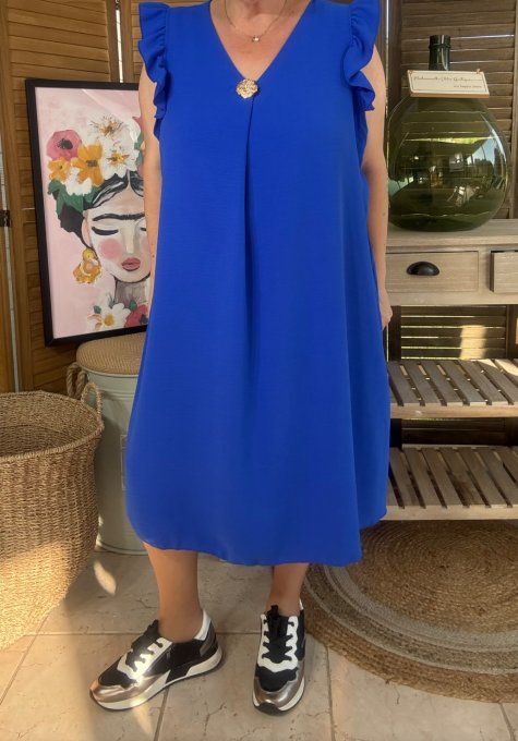 Robe trapèze Bleu Royal épaules volantées & broche dorée or du 40 au 52
