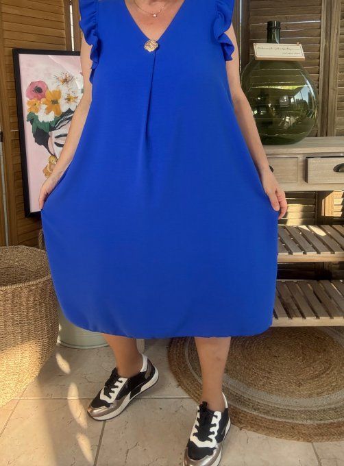Robe trapèze Bleu Royal épaules volantées & broche dorée or du 40 au 52