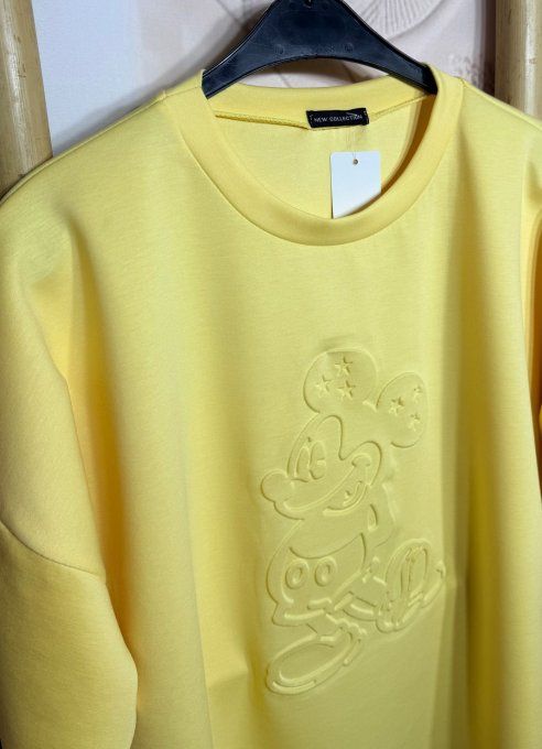 Sweat ample jaune pastel manches 3/4 Mickey Mouse relief du 38 au 48/50 
