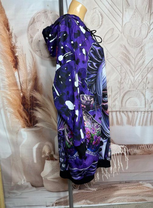 Sweat à capuche long ou robe sweat violet Alice Tattoo Gothic Girl du 40 au 52 